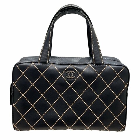 CHANEL 香奈兒 WILD STITCH 波士頓包 皮革 黑色 古銀釦
