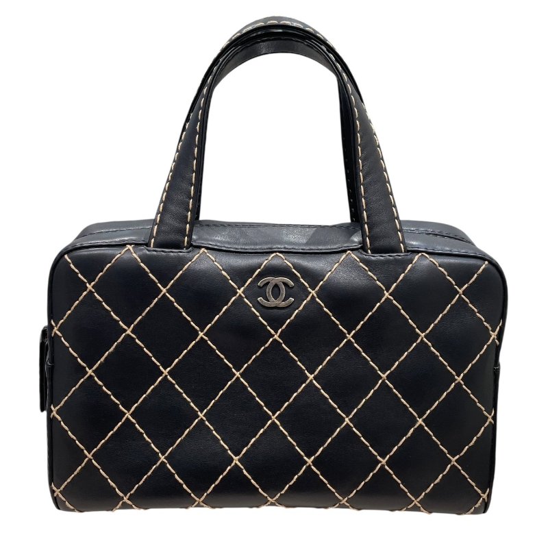 CHANEL 香奈兒 WILD STITCH 波士頓包 皮革 黑色 古銀釦-0