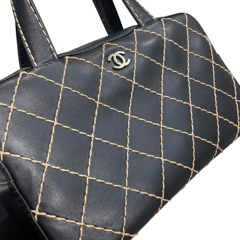 CHANEL 香奈兒 WILD STITCH 波士頓包 皮革 黑色 古銀釦-11
