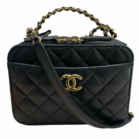 CHANEL 香奈兒 HANDLE 化妝箱包 荔枝皮 黑色 金釦