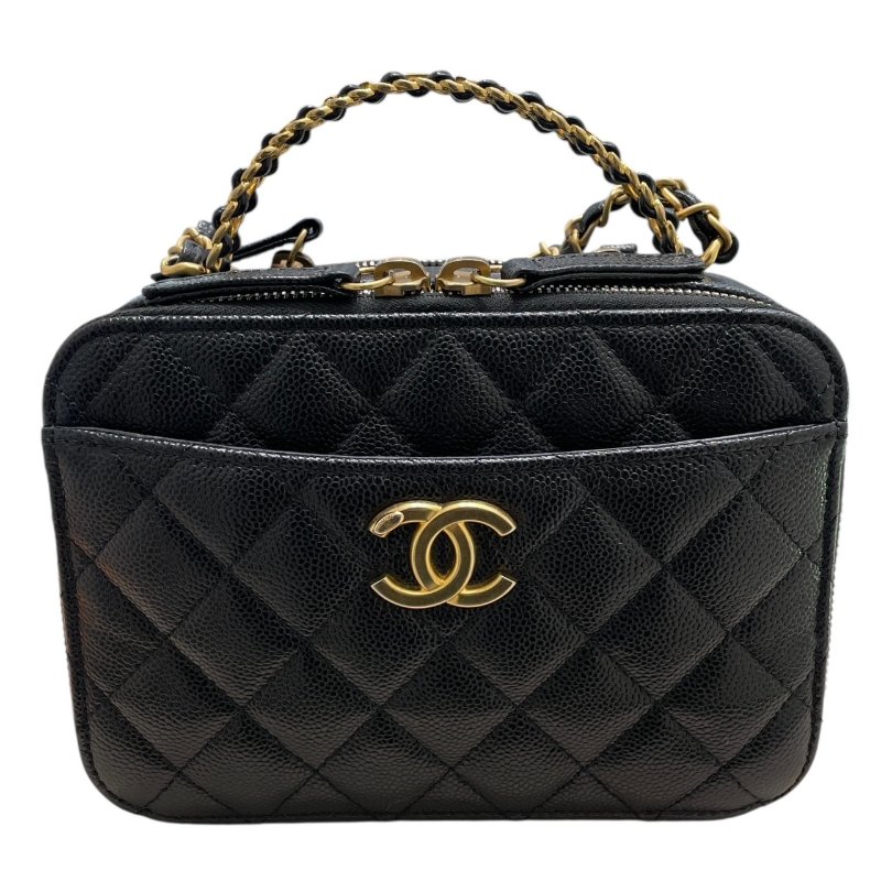 CHANEL 香奈兒 HANDLE 化妝箱包 荔枝皮 黑色 金釦-1