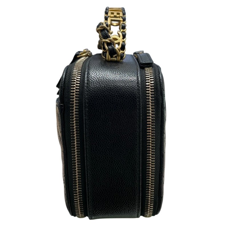 CHANEL 香奈兒 HANDLE 化妝箱包 荔枝皮 黑色 金釦-4
