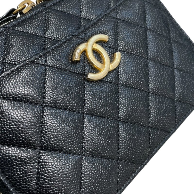 CHANEL 香奈兒 HANDLE 化妝箱包 荔枝皮 黑色 金釦-11
