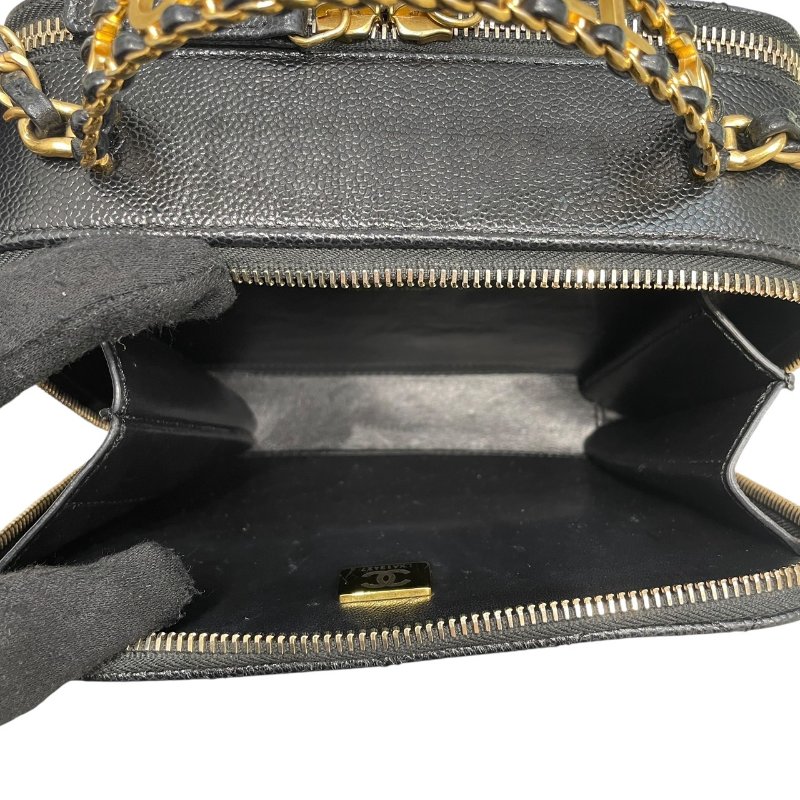 CHANEL 香奈兒 HANDLE 化妝箱包 荔枝皮 黑色 金釦-13