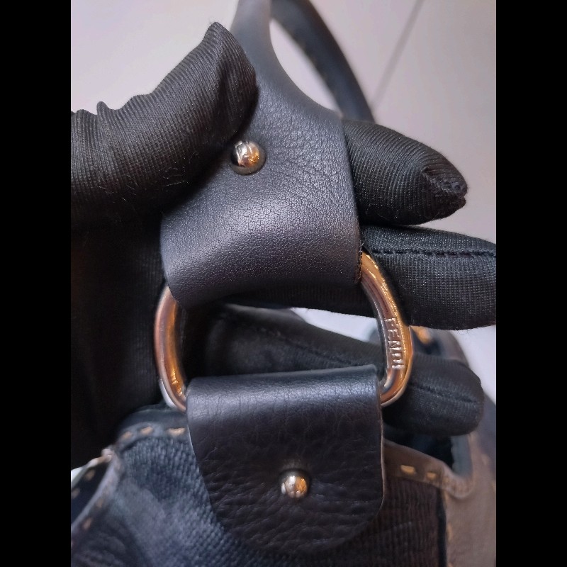 Fendi 黑皮邊布身梯形大托特包-36