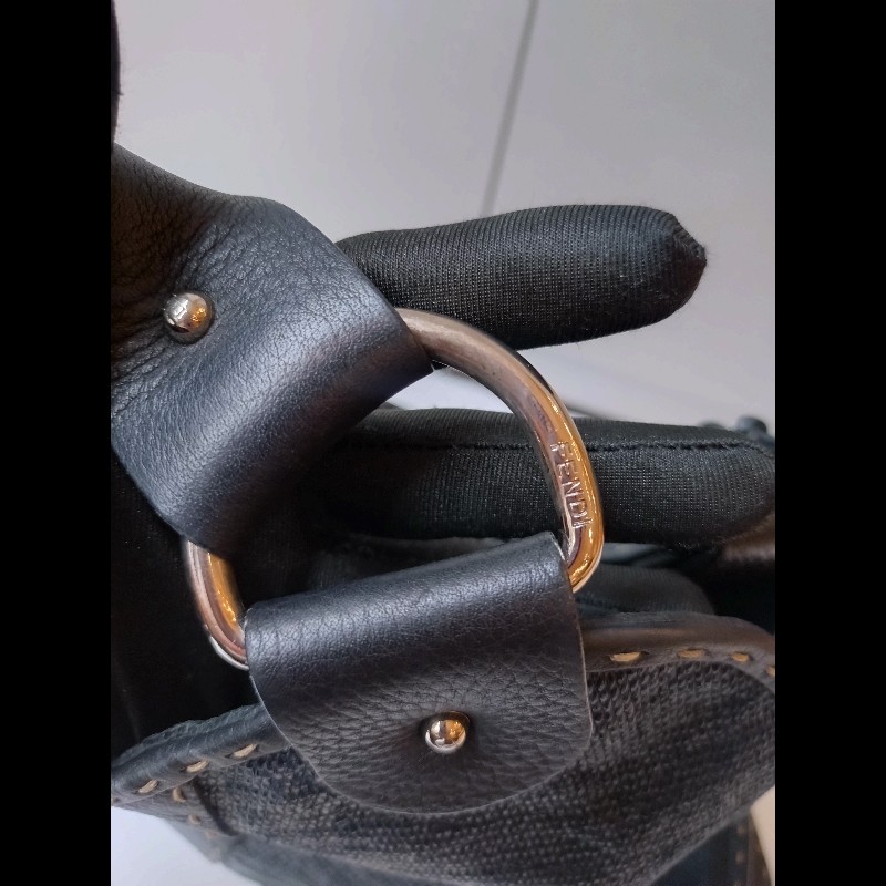 Fendi 黑皮邊布身梯形大托特包-39