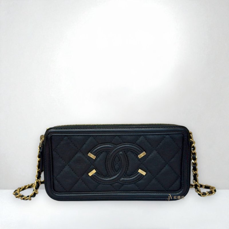 JY0306-CHANEL包包 黑金大雙C荔枝牛皮手機鍊包-0