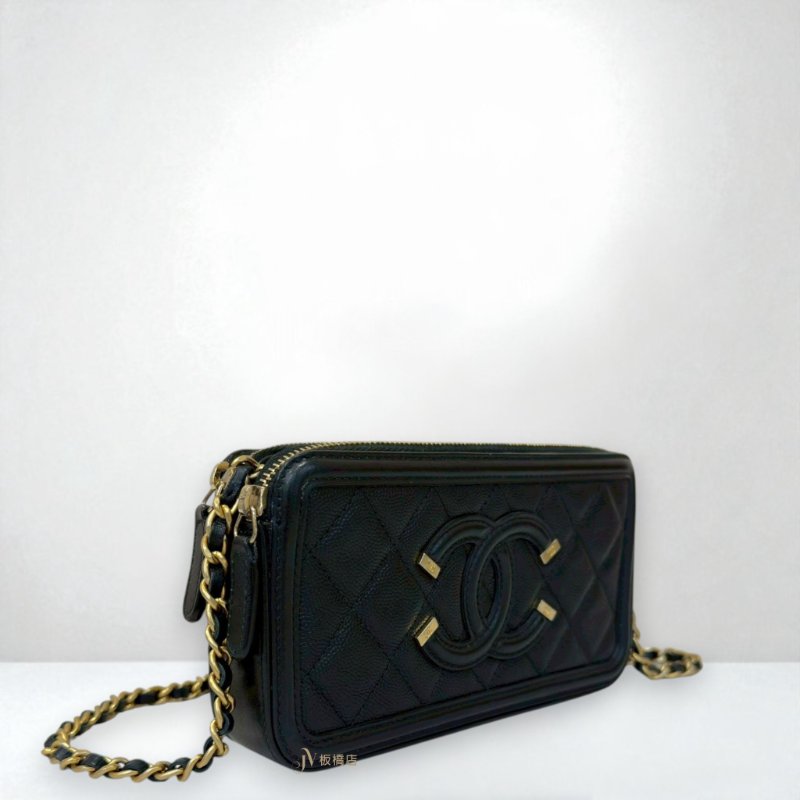 JY0306-CHANEL包包 黑金大雙C荔枝牛皮手機鍊包-1