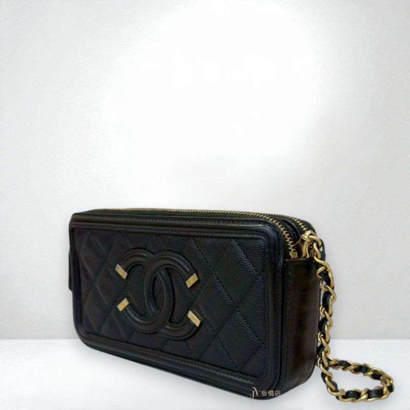 JY0306-CHANEL包包 黑金大雙C荔枝牛皮手機鍊包-2