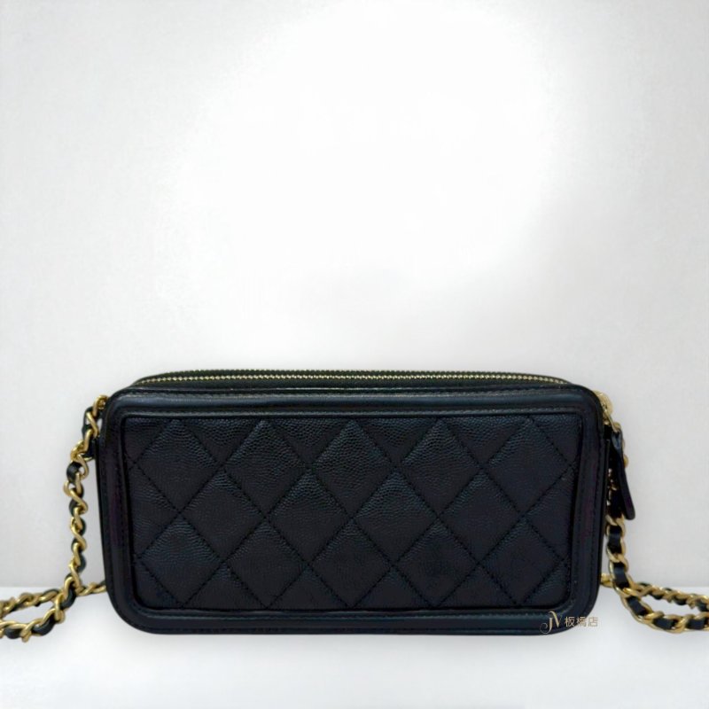 JY0306-CHANEL包包 黑金大雙C荔枝牛皮手機鍊包-3