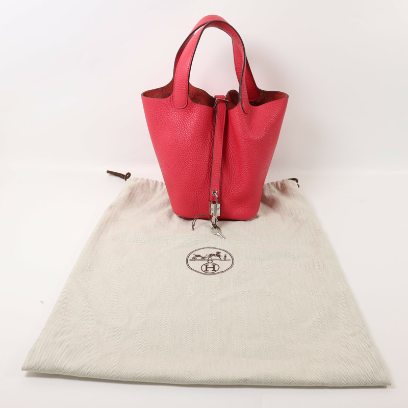 HERMES Clemence皮革Picotin PM銀扣手挽袋Rose Extreme-9