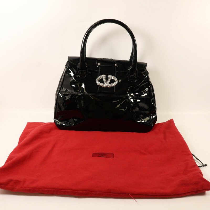 Valentino 漆皮皮革Crystal Catch Satchel銀扣手挽袋-9
