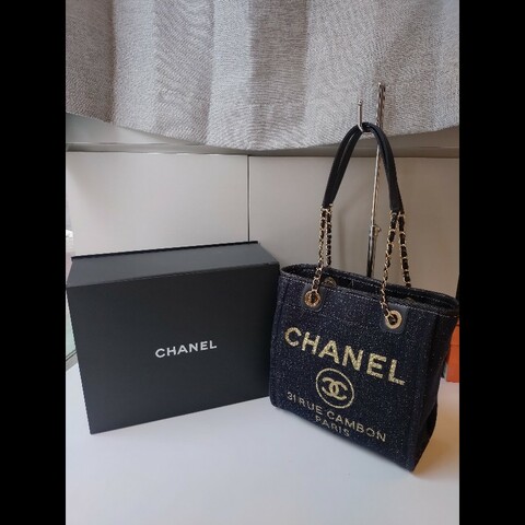 Chanel 深藍布金色字母小號購物包 tote