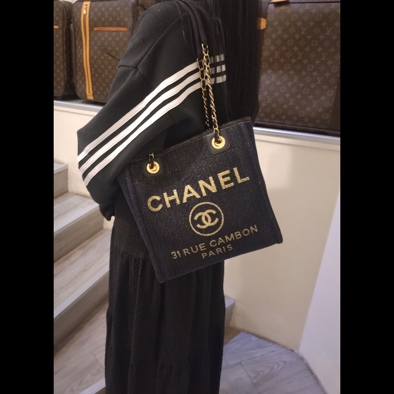 Chanel 深藍布金色字母小號購物包 tote-1