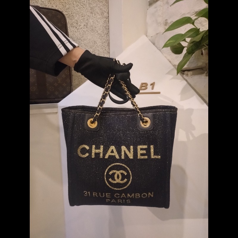 Chanel 深藍布金色字母小號購物包 tote-2