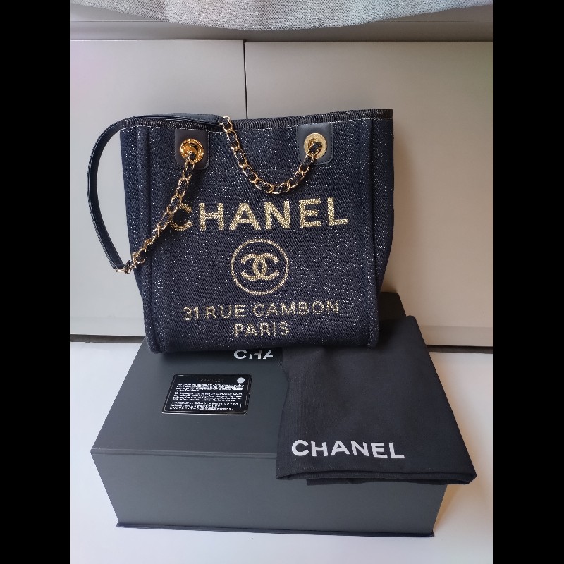 Chanel 深藍布金色字母小號購物包 tote-3