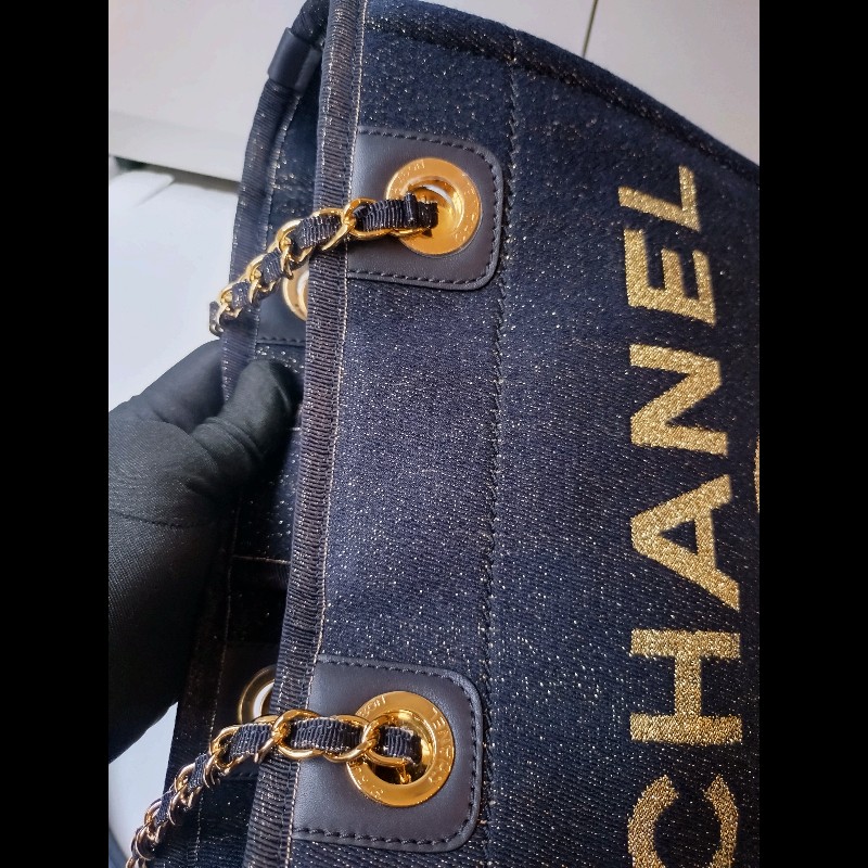 Chanel 深藍布金色字母小號購物包 tote-4