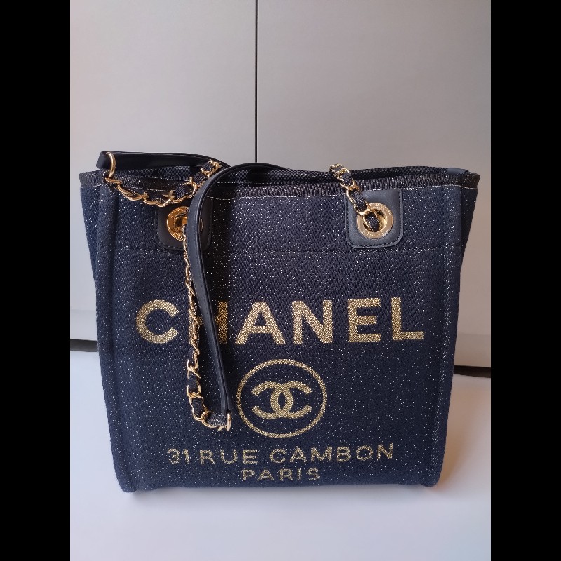 Chanel 深藍布金色字母小號購物包 tote-5