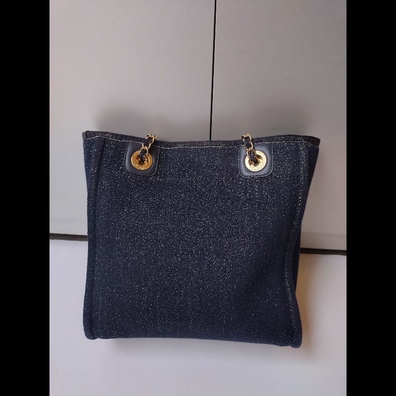 Chanel 深藍布金色字母小號購物包 tote-6