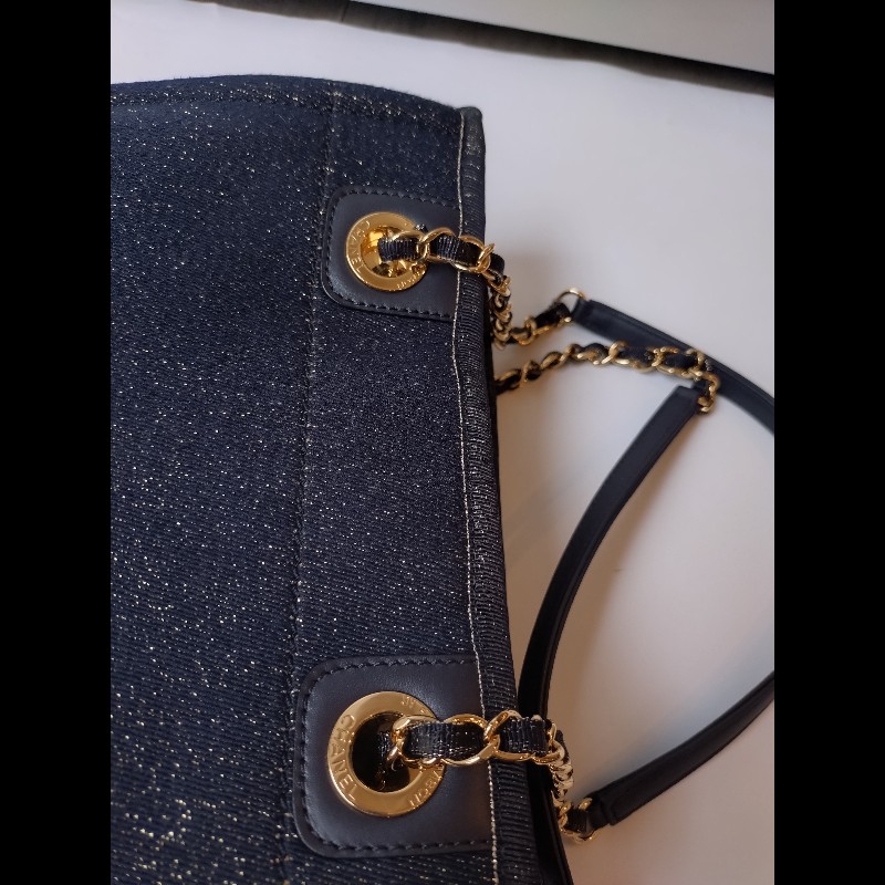 Chanel 深藍布金色字母小號購物包 tote-24