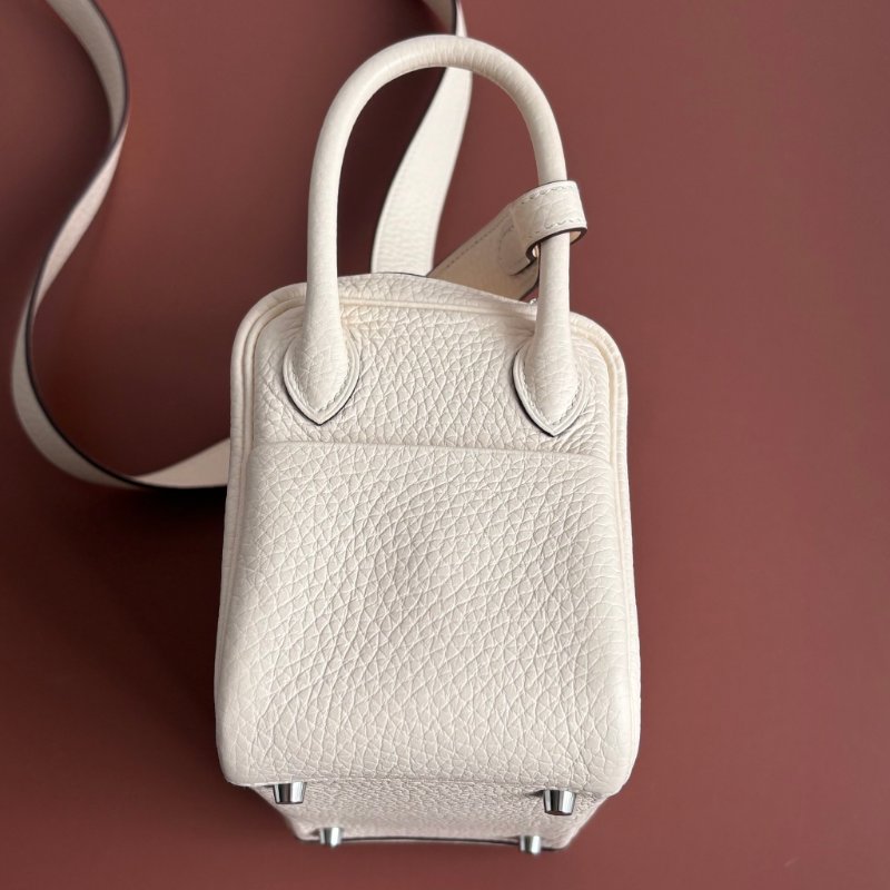 小天菜 ::HERMES 愛馬仕:: W刻奶昔白皮革銀釦MINI LINDY手提斜背包-4