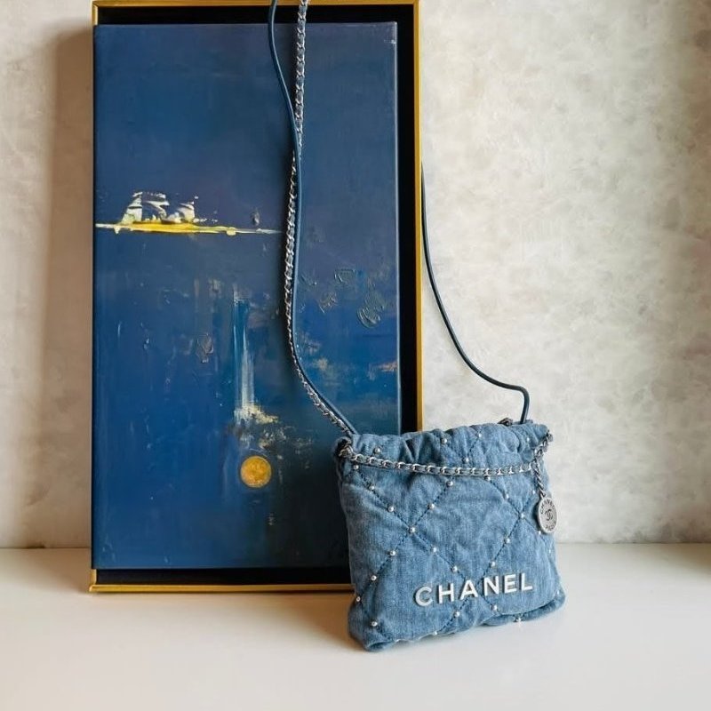 CHANEL香奈兒mini 22bag牛仔丹寧斜背包/ 肩背包/ 手提包-8