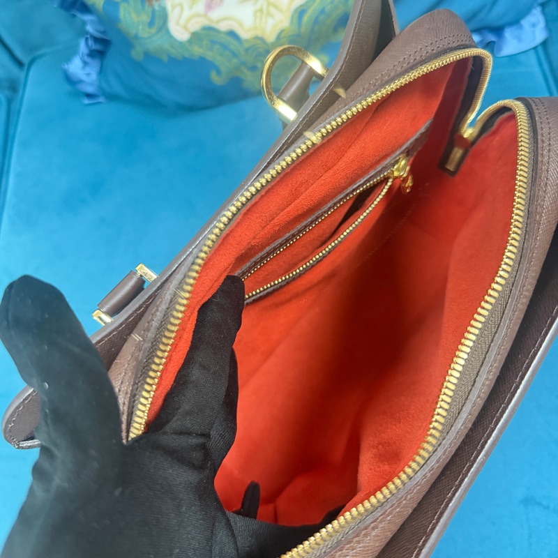 Louis Vuitton #LV 咖啡方格子金釦三層ㄇ拉手提方形豆腐包Triana N51155-8