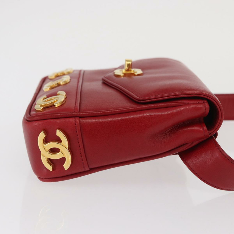 【日本直送】香奈兒 Triple Coco 腰包，羊皮材質，紅色，金色雙C標誌，正品編號 168355SAV-2