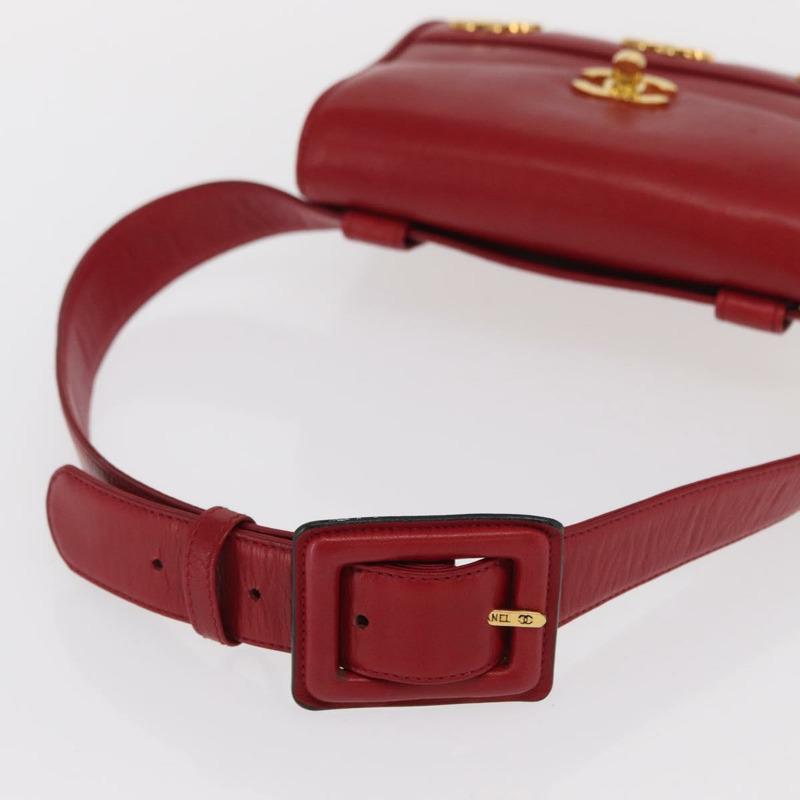 【日本直送】香奈兒 Triple Coco 腰包，羊皮材質，紅色，金色雙C標誌，正品編號 168355SAV-5