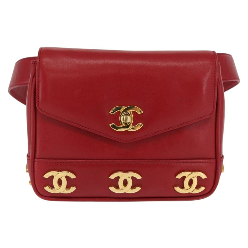 【日本直送】香奈兒 Triple Coco 腰包，羊皮材質，紅色，金色雙C標誌，正品編號 168355SAV-12