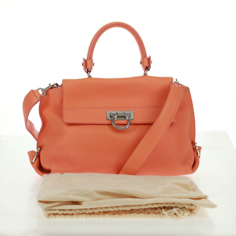 【日本直送】Salvatore Ferragamo Gancini Sofia 手提包,皮革材質,橙色/銀色雙色,正品,貨號 171100V-11