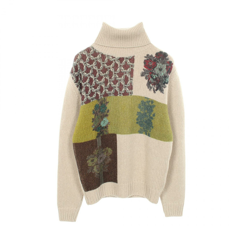 愛馬仕 Decalcomanie 針織羊絨衫，米色多色，二手男士 M 碼-0