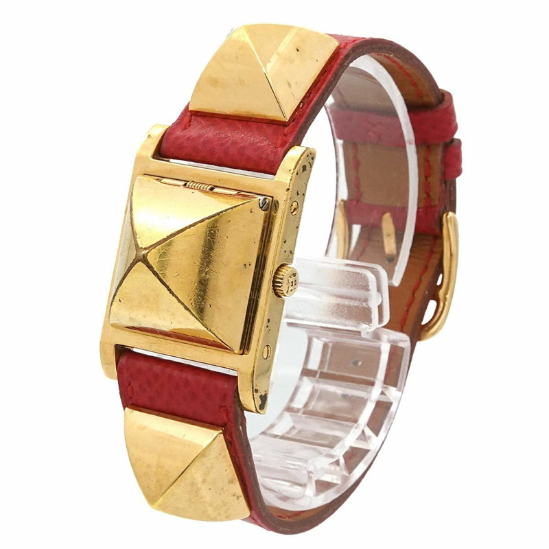 愛馬仕 Medor 女士金字塔金鉚釘腕錶，白色和紅色皮革錶帶，石英機芯-1