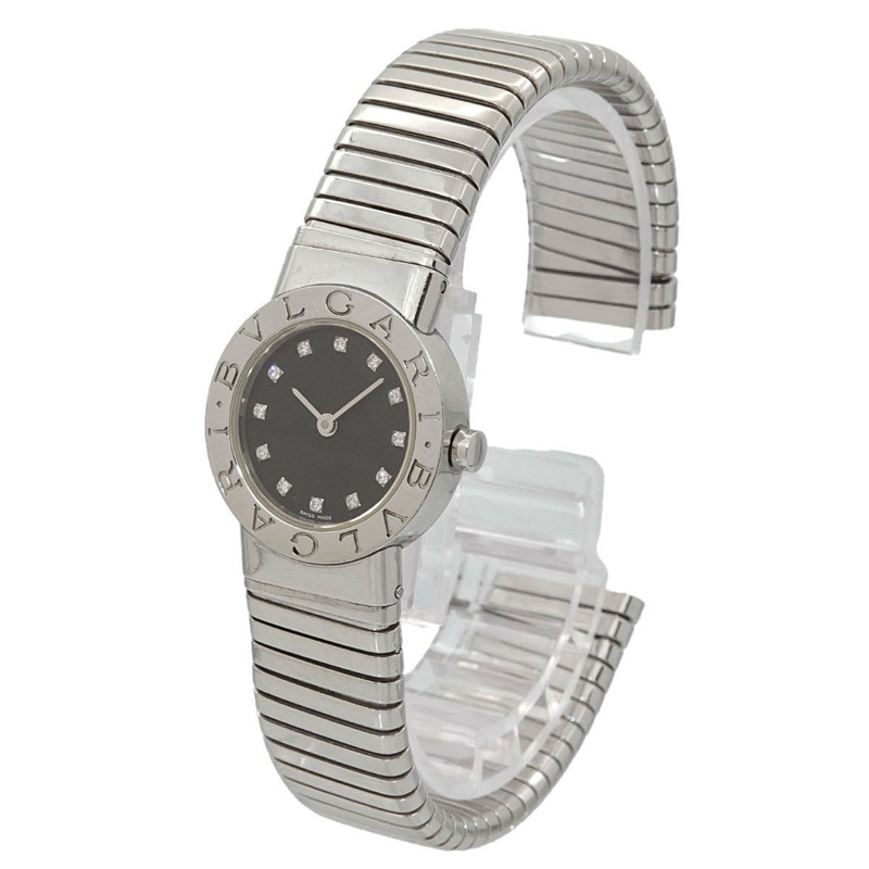 寶格麗 Tubogas BB232TS 女士腕錶，鑲嵌 12 顆鑽石，日期顯示，黑色石英機芯-1