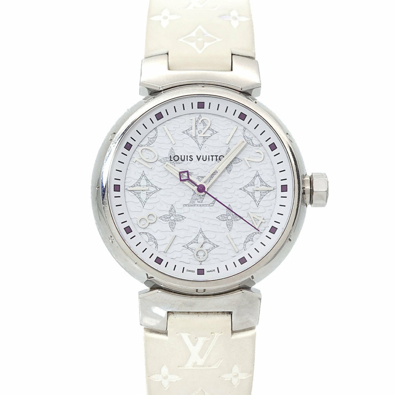 路易威登 Tambour MM Monogram 白色 QA116 女士石英腕錶-0