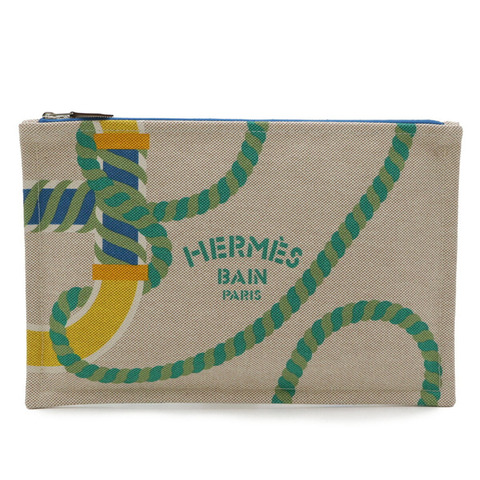 愛馬仕 Kanoe H Yachting GM 平底手拿包，棉質皮革，維他命米色