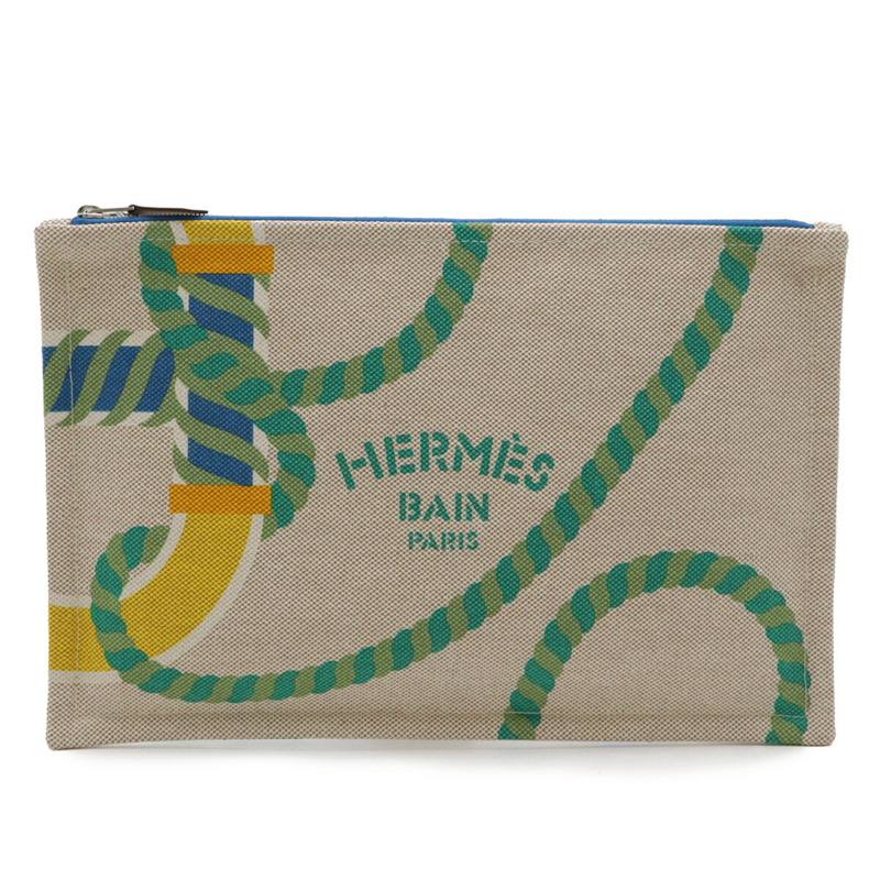 愛馬仕 Kanoe H Yachting GM 平底手拿包，棉質皮革，維他命米色-0