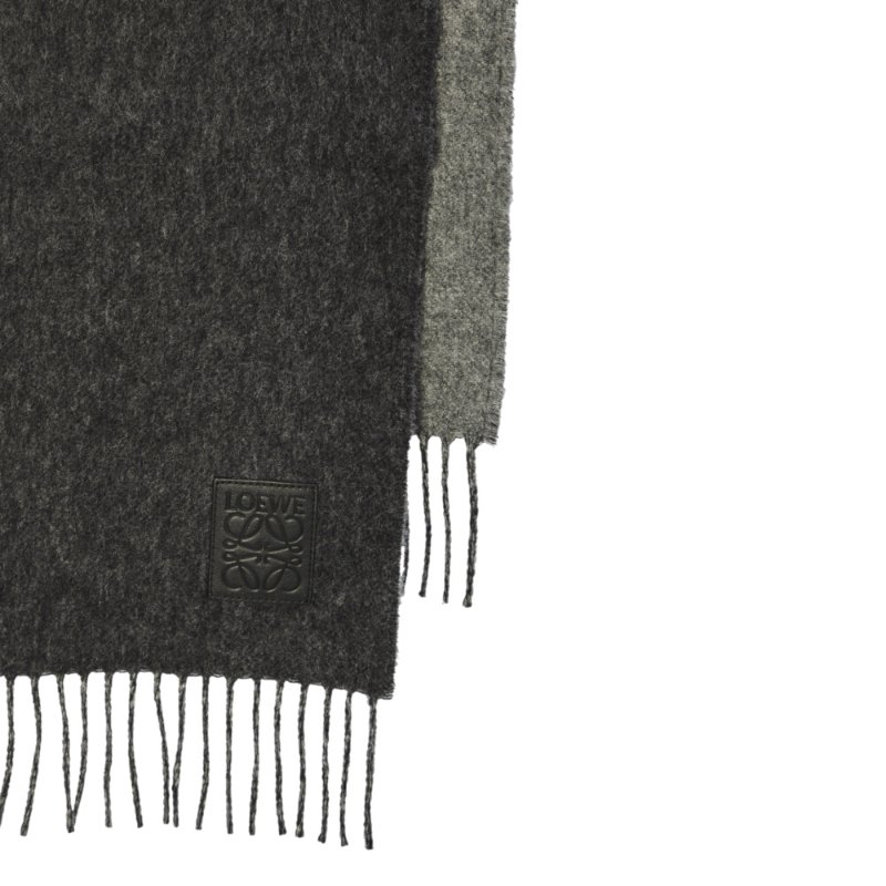 【LOEWE 羅威】羊毛 喀什米爾 混紡 雙面 圍巾 黑色 灰色 F811251X06-1