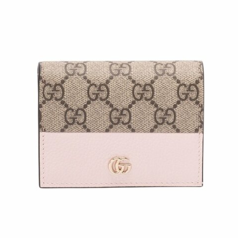 【GUCCI 古馳】GG Marmont 雙G LOGO牛皮拚帆布 皮夾 卡夾 短夾 米色 烏木色 粉色 841358