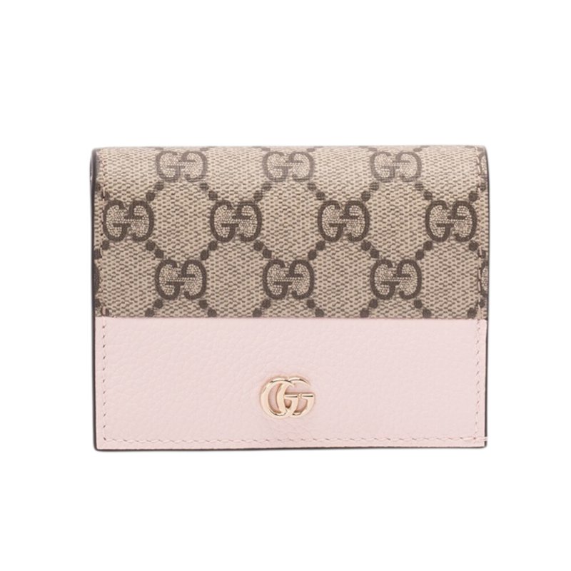 【GUCCI 古馳】GG Marmont 雙G LOGO牛皮拚帆布 皮夾 卡夾 短夾 米色 烏木色 粉色 841358-0