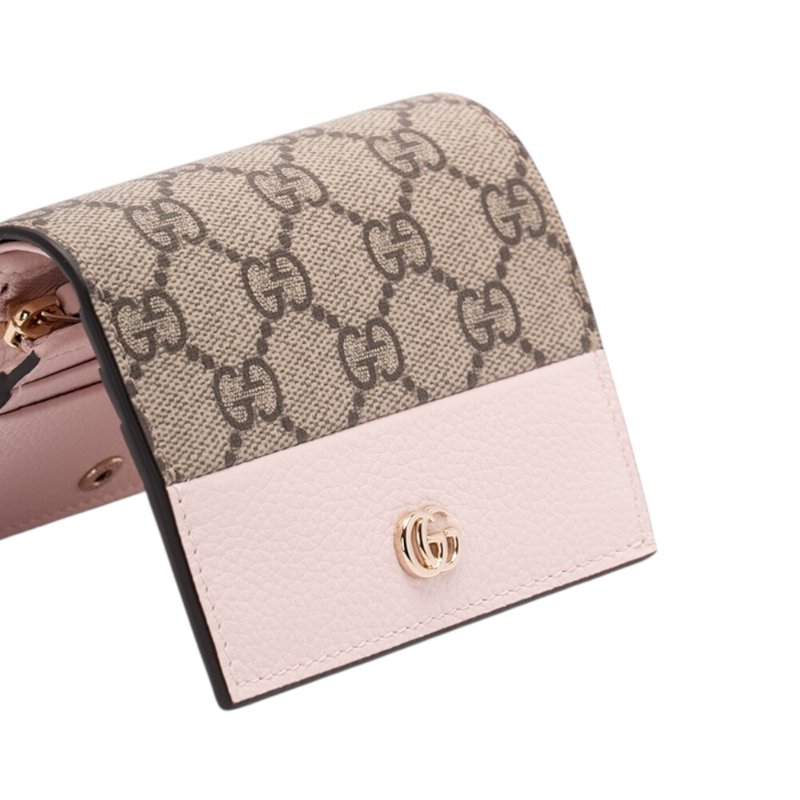 【GUCCI 古馳】GG Marmont 雙G LOGO牛皮拚帆布 皮夾 卡夾 短夾 米色 烏木色 粉色 841358-1