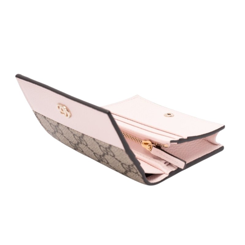 【GUCCI 古馳】GG Marmont 雙G LOGO牛皮拚帆布 皮夾 卡夾 短夾 米色 烏木色 粉色 841358-2