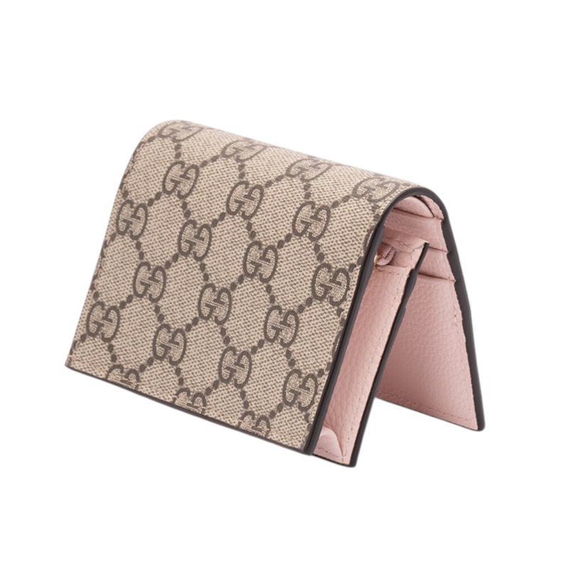 【GUCCI 古馳】GG Marmont 雙G LOGO牛皮拚帆布 皮夾 卡夾 短夾 米色 烏木色 粉色 841358-4