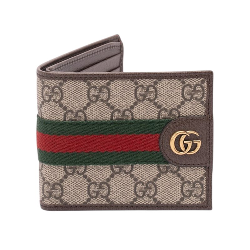 【GUCCI 古馳】GG Ophidia 帆布 牛皮 皮夾 卡夾 短夾 米色 烏木色 834271-0