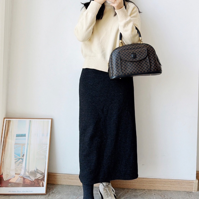 Celine黑色老花中古包手提包貝殼包保齡球半月珍妮包 31x20x11 98新配件塵袋-0