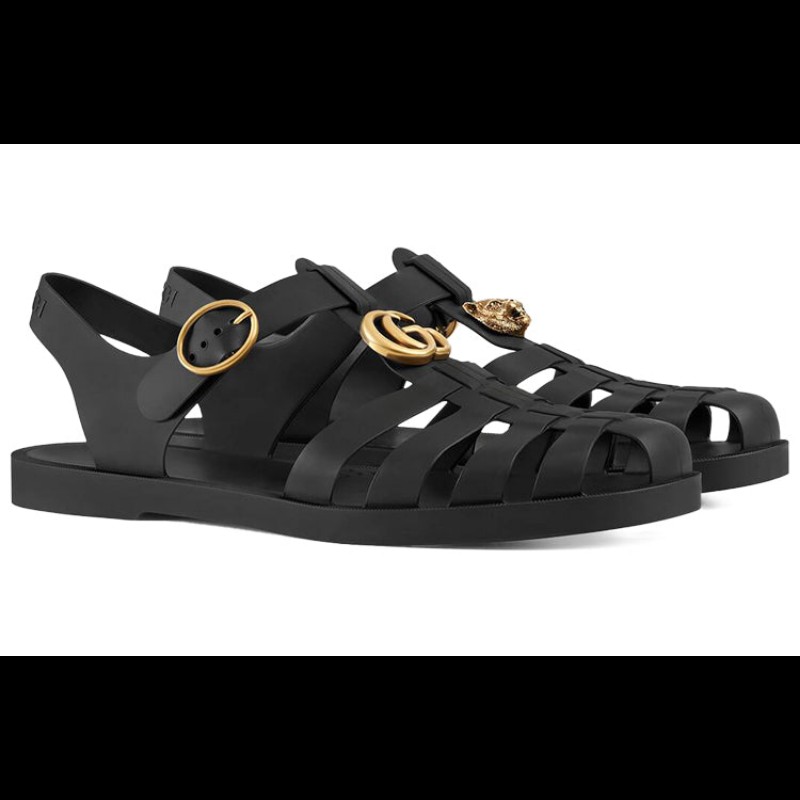 GUCCI 古馳 橡膠金色扣帶涼鞋 黑色 UK5-1