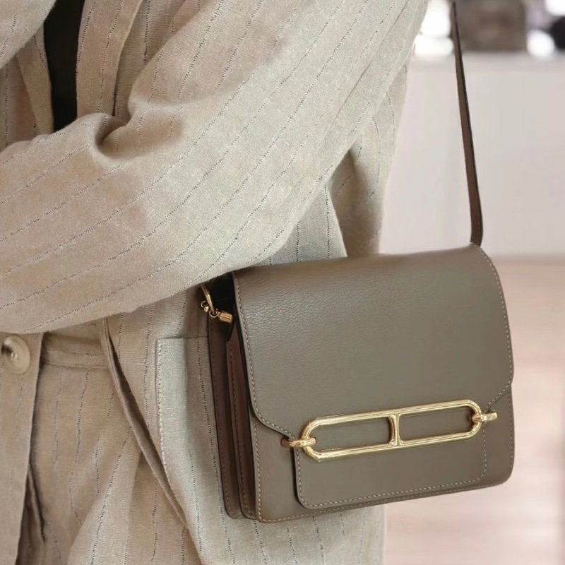 Hermes 經典款 Roulis 豬鼻子 23 大象灰金斜背包23*20*6 98新配件塵袋-0