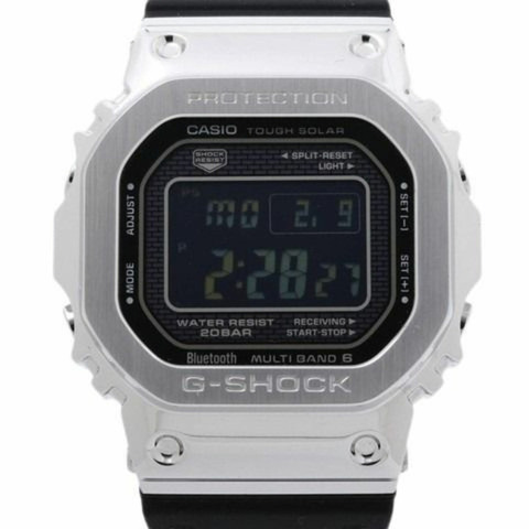 卡西歐 G-SHOCK 全金屬腕錶 GMWB50001JF 銀黑色不鏽鋼樹脂男士太陽能電波校時數位腕錶