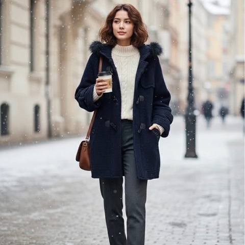 BURBERRY 藍標 大寬袖連帽牛角釦戰馬字母大衣（毛可拆）深藍