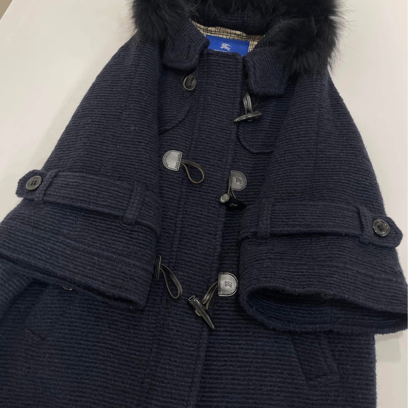 BURBERRY 藍標 大寬袖連帽牛角釦戰馬字母大衣（毛可拆）深藍-6